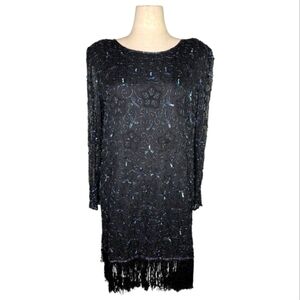 Vintage Papéll Black Beaded Fringe Silk Dress XL 80s Cocktail Party Glam
